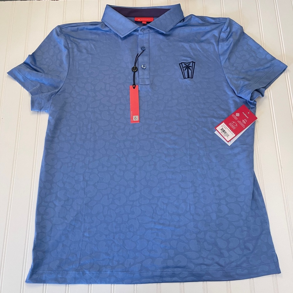 NWT Redvanly Sanborn Polo Shirt Mens Large Blue Jacquard Golf Palm Tree